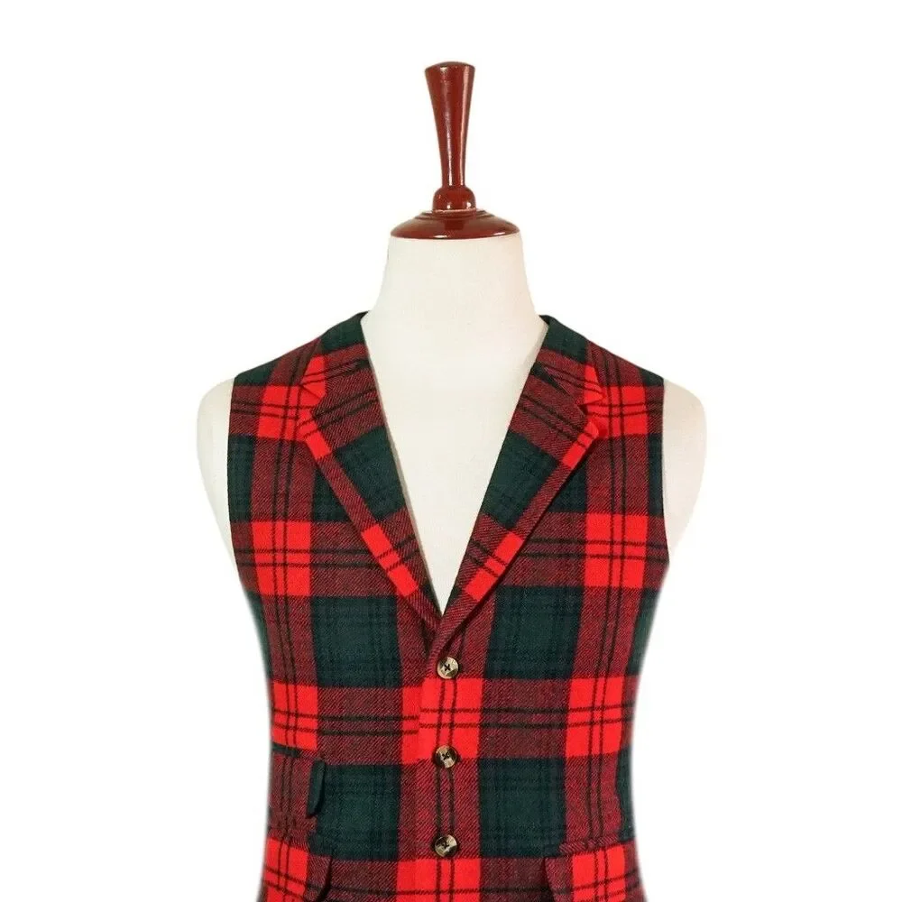 Mens 46R Red Green Tartan Plaid Wool Vest Waistcoat Formal Wedding Christmas